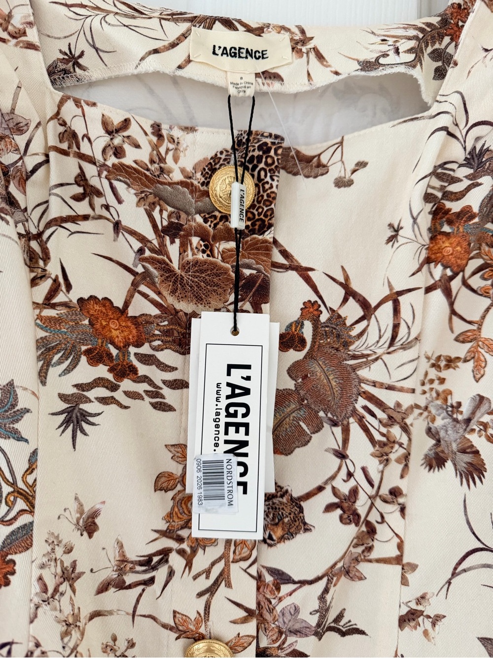 L'AGENCE Cream Floral Button-Front Sheath Dress with Brown Print - Picture 5 of 7